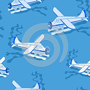 Top Oblique Aerial Pontoon Plane Vector Illustration Seamless Pattern