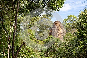 Top of the pancharam tower of Baksei Chamkrong Temple seen from Phnom Bakheng Temple, Angkor, Siem Reap, Cambodia, Asia