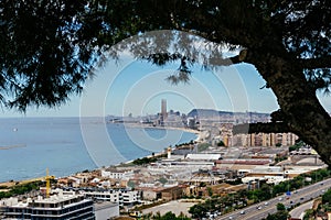 Top and panoramic view of the city and beach of Badalona, Spain