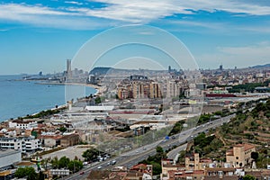 Top and panoramic view of the city and beach of Badalona, Spain