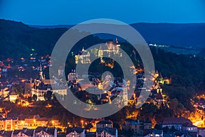 Top panoramic view of old town of Sighisoara, Transylvania, Romania at night