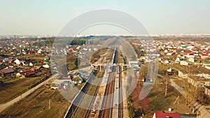 Top perspective view on railway lines. Aerial view of railway station