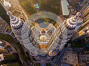 Top of Petronas Twin Towers. Aerial view of Kuala Lumpur Downtown, Malaysia. Financial district and business centers in smart