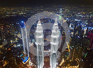 Top of Petronas Twin Towers. Aerial view of Kuala Lumpur Downtown, Malaysia. Financial district and business centers in smart