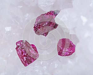 Top quality A grade small rough RUBY crystals from Tanzania on crystalline druzy center of quartz geode. RED CORUNDUM.