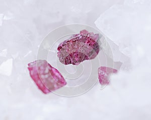 Top quality A grade small rough RUBY crystals from Tanzania on crystalline druzy center of quartz geode. RED CORUNDUM.