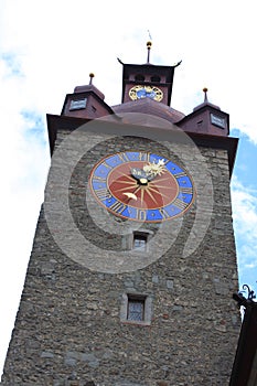 Top of Rathaus tower hall in Lucerne, Switzerland with the oldest city clock built by Hans Luter in 1535