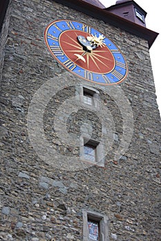 Top of Rathaus tower hall in Lucerne, Switzerland with the oldest city clock built by Hans Luter in 1535