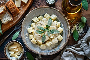 Top rustic view of homemade gnocchi with sage butter and parmesan, on a wooden table with bread