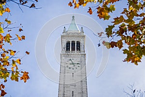 The top of Sather Campanile tower on a blue sky background