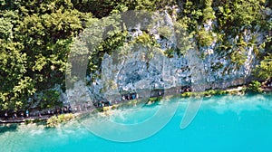 Top scenic view of Plitvice Lakes, beautiful nature of National Park in Croatia, sunny day