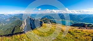 Top of Schafberg hill, Austria. View of big rock on top of mountain. Summer hiking