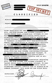 Top secret document, declassified, confidential information, secret text. Non-public information photo