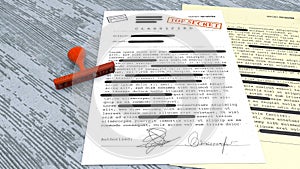 Top secret document, stamp, declassified, confidential information, secret text. Non-public information photo