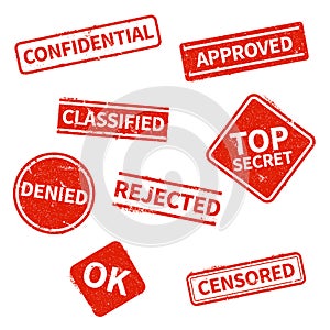 Top secret, rejected, approved, classified, confidential, denied and censored red grunge business stamps isolated on