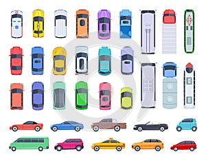 Top side view cars. Auto transport, truck and car roof of vehicle transport. Public and privat transport vector set