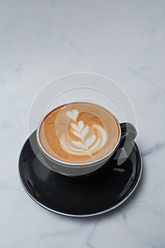 Top Side View Of A Coffee Mug With Espresso And A Classic Leaf Details Fills. White Background