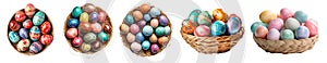 Top and Side view of Collection set of basket of colourful hand painted decorated easter eggs on transparent cutout, PNG