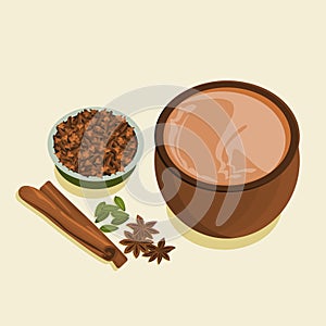 Top Side View Indian Masala Chai With Herb Spices Vector Illustration