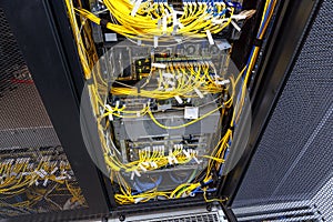 Top side view LAN network switch and ethernet cables connect to supercomputer