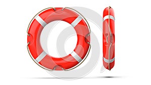 Top and side view of lifebuoy, isolated on a white background with shadow. 3d rendering set of two red life ring buoy.