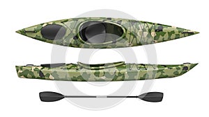 Top and side views of green crossover kayak. Whitewater and river running kayak. 3D render, isolated on white background