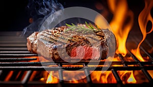 A top sirloin steak flame broiled on a barbecue, shallow depth of field. photo