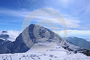 Top of Slovakia mountain in national park Low Tatras. Views on snowy hills as Dumbier and Chopok. Clear sky with clouds in a far.