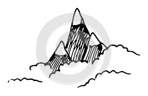 the top of a snowy mountain among clouds or forests. three mountains with ice on top, hand-drawn with a black line on