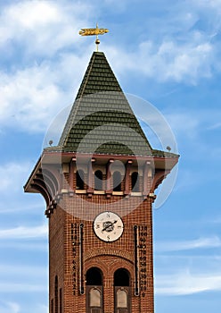 Top of the South Tower of the Grapevine Convention and Visitors Bureau in the historic district of Grapevine, Texas.