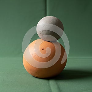 The top sphere is smaller and gray resting stably on the larger