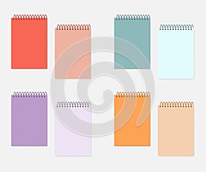 Top spiral A4 notebook with colored cover and sheets, mockup set