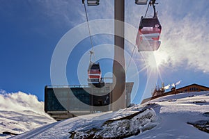 The top station of the cable car in Sierra Nevada with two cable car cabins.