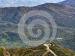 The top station of the Whiteface Mountain Ski area seen from above outside of Lake Placid, New York state, USA