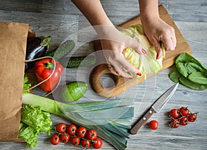 Top table view woman preparing healthy food order grocery shop indoors