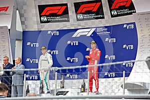 Top three finishers on the podium. Formula One. Sochi Russia.