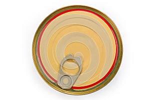 Top of tin can of canned meat on white background