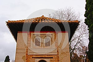 Top of a tower, detail of Alhambra medieval moorish castle, Granada