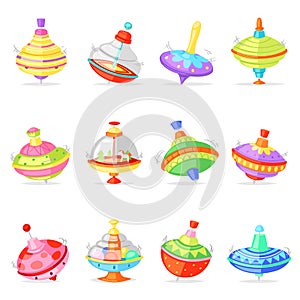 Top toy vector kids whirligig humming spinner colorful spinning playing game illustration set of cartoon childish twirl