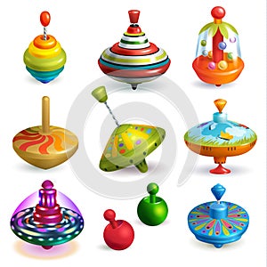 Top toy vector kids whirligig humming spinner and playing colorful spinning game illustration set of cartoon childish