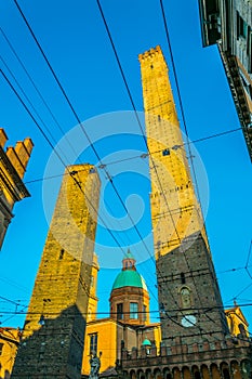 The top of Two Towers (Le Due Torri) Torre Asinelli and Torre Garisenda of Bologna...IMAGE