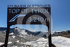 Top of Tyrol, Information board at the summit of Stubai glacier winter sports area in the Austrian Alps at an altitude of 3210