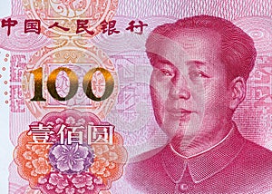 Top view of 100 Chinese Yuan paper currency