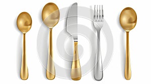 The top view of a 3D cutlery set made up of a golden and silver fork, knife, spoon set. Silverware and gold utensils