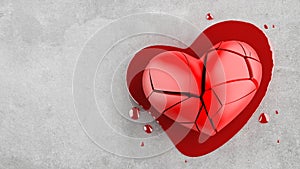 Top view 3d heart red broken and blood on concrete floor. Concept of heartbroken, sexual, divorce, adultery.