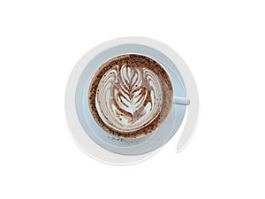 Top view above. Flat lay of hot coffee. Latte art isolated on white background. Clipping path include