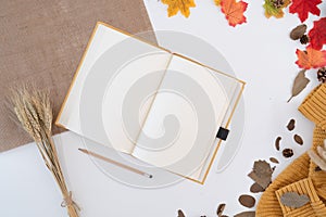 Top view above of modern office desk with coffee cup, notebook, pen and yellow-red autumn leaves on white background