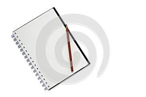 Top view above of open blank spiral notebook and red pencil isolated on white background