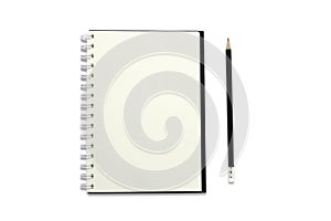 Top view above of open blank spiral notebook and red pencil isolated on white background for design a mockup.
