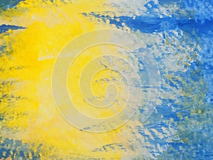 Top view, Abstract background of cyan blue yellow water colour paint on paper texture for design blank for text, Web background